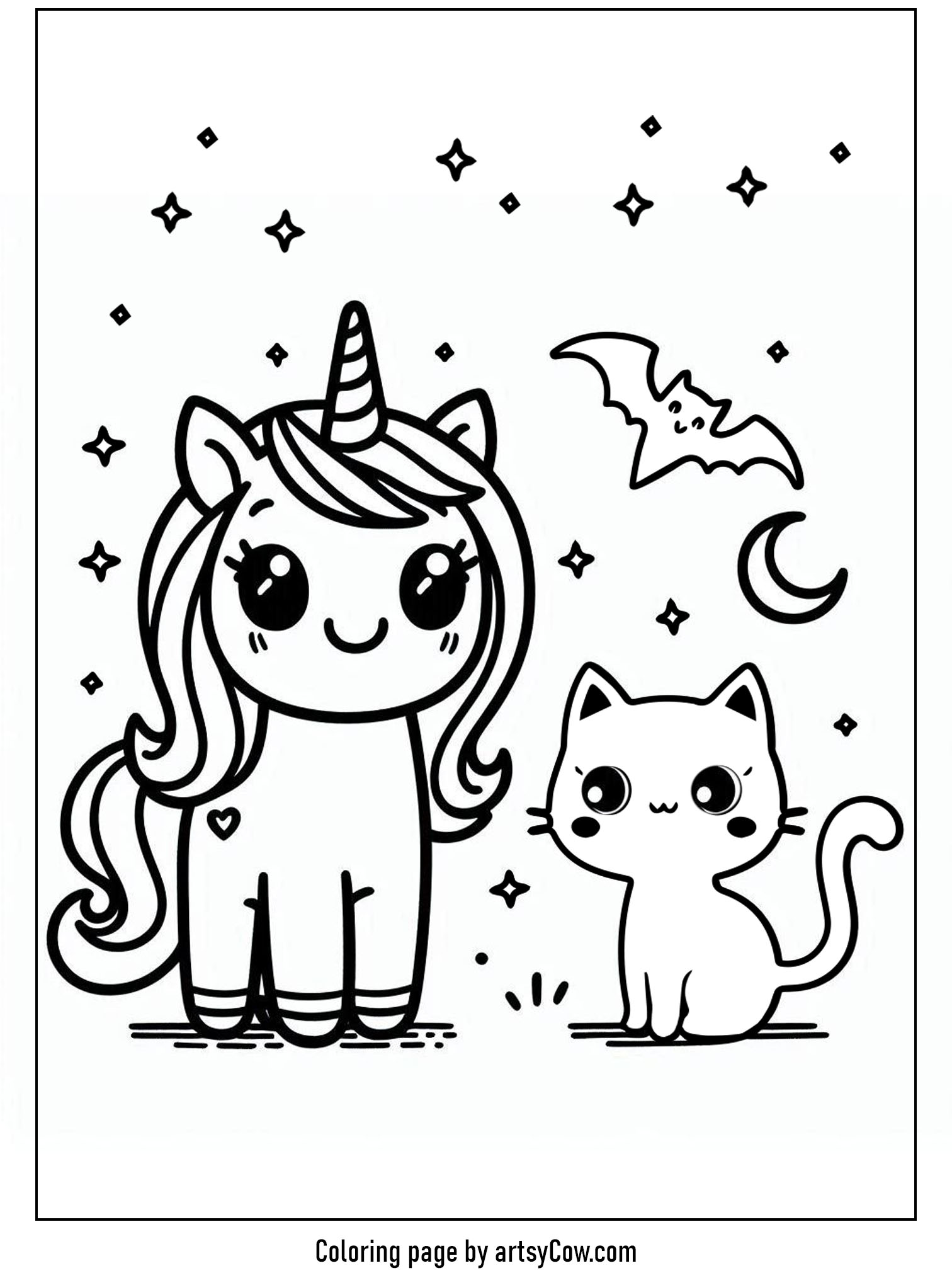 Halloween coloring pages with unicorn 2 featuring an adorable unicorn standing beside a small witch's cat under a starry night sky with a bat and crescent moon.